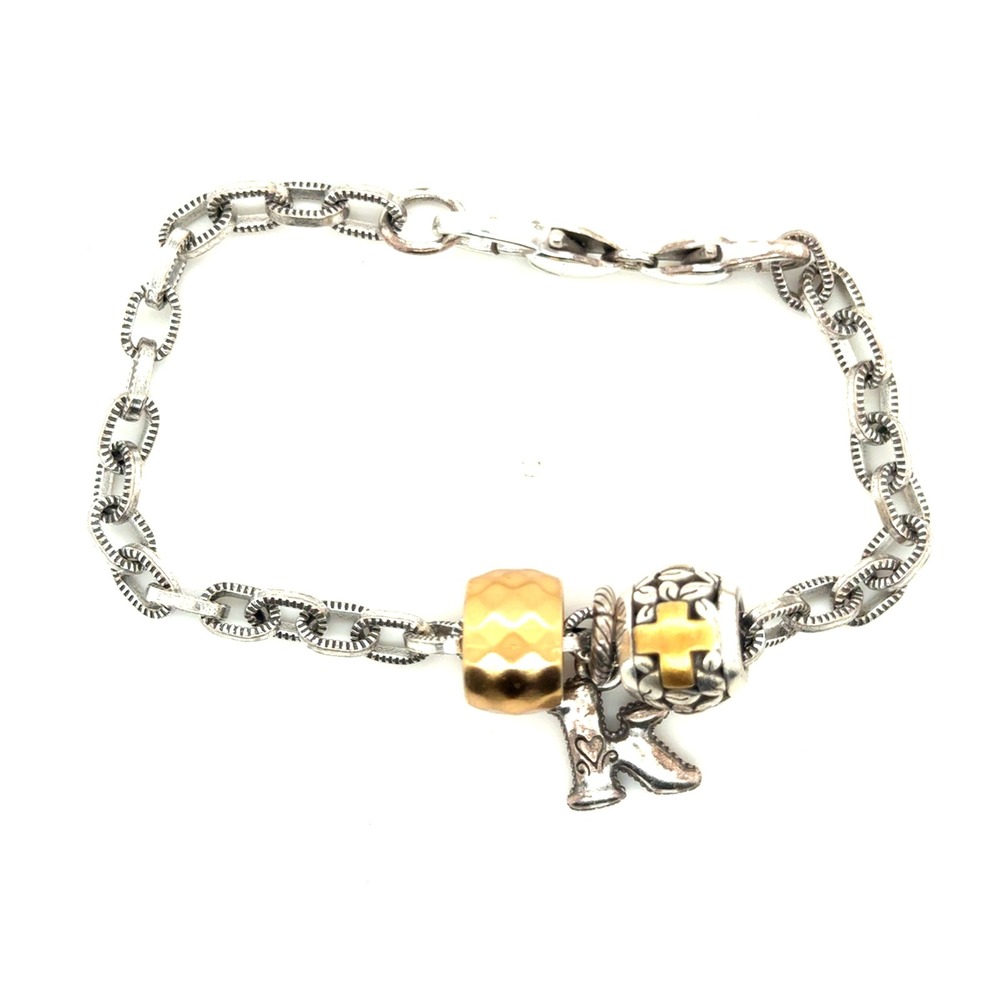 Brighton Mixed Metal Charm Bracelet Silver Gold Tone Boot‎ Cross Charm 8 Inch